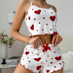 Women’s 2PCS Heart Print Pajama Set, Sleeveless Crop Top and Shorts,