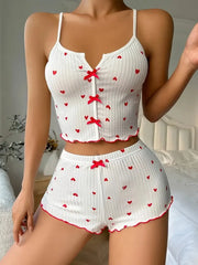 Sleepwear Women Pajamas Set Heart Print Soft Ribbed Fabric with Flirty