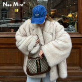 Neo-Mint Gradient Faux Fur Coat – Oversized Street Style Women’s Winter Jacket