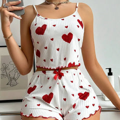 Women’s 2PCS Heart Print Pajama Set, Sleeveless Crop Top and Shorts,