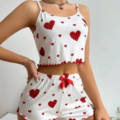 Women’s 2PCS Heart Print Pajama Set, Sleeveless Crop Top and Shorts,