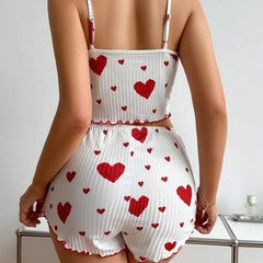 Women’s 2PCS Heart Print Pajama Set, Sleeveless Crop Top and Shorts,