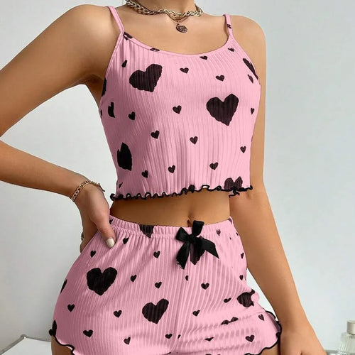 Women’s 2PCS Heart Print Pajama Set, Sleeveless Crop Top and Shorts,