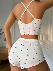 Sleepwear Women Pajamas Set Heart Print Soft Ribbed Fabric with Flirty